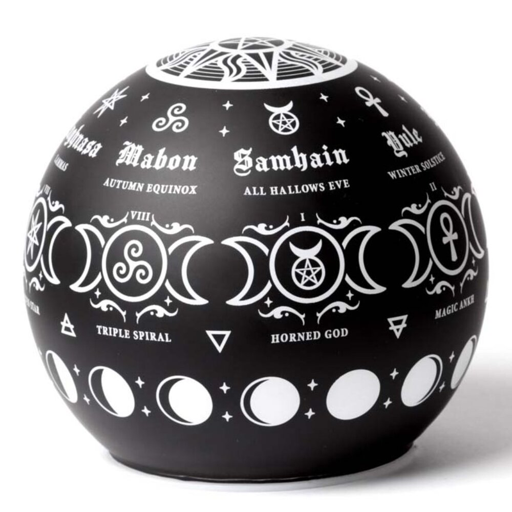 Alchemy Gothic Pagan Calendar LED Globe Light Black Glass Etched Symbols NIB